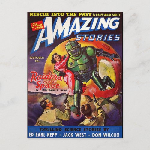 Vintage Sci Fi art Robot hero Postcard