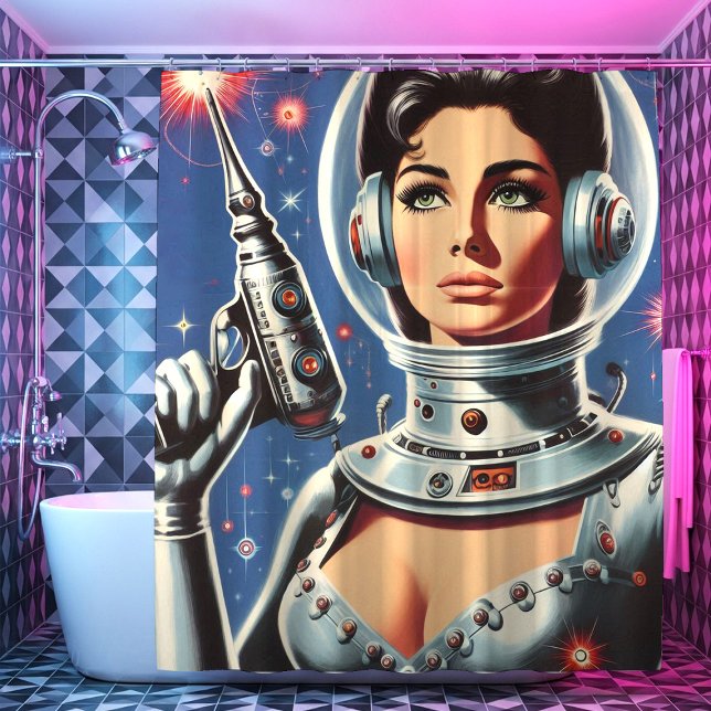 Vintage Sci-fi Astronaut Girl Shower Curtain (Creator Uploaded)