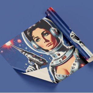 Vintage Sci-fi Astronaut Girl Wrapping Paper