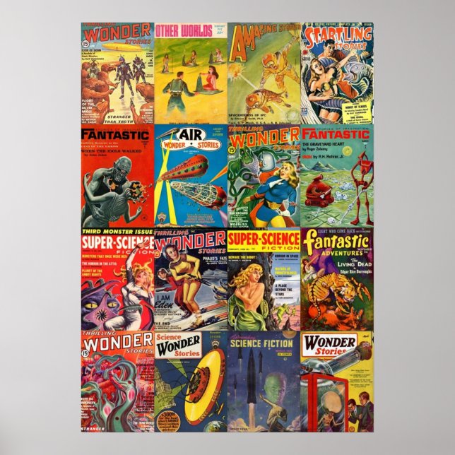 Vintage Sci Fi Pulp Fiction Covers Collage Poster (Front)