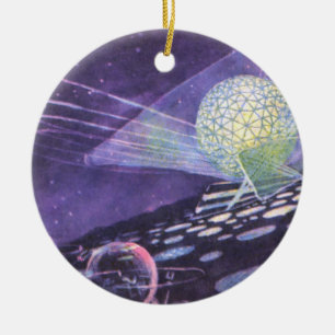 Vintage Science Fiction, a Glowing Orb with Aliens Ceramic Ornament