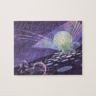 Vintage Science Fiction, a Glowing Orb with Aliens Jigsaw Puzzle
