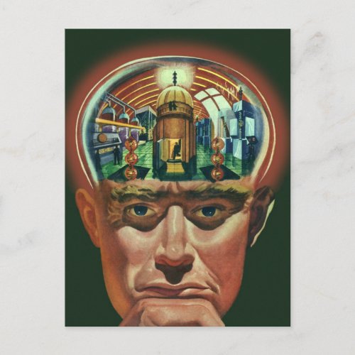 Vintage Science Fiction Alien Brain in Laboratory Postcard