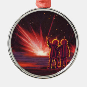Vintage Science Fiction Alien Red Planet Explosion Metal Ornament