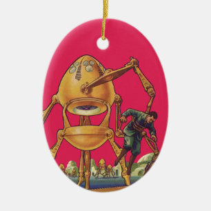 Vintage Science Fiction Alien Robot Captures Man Ceramic Ornament