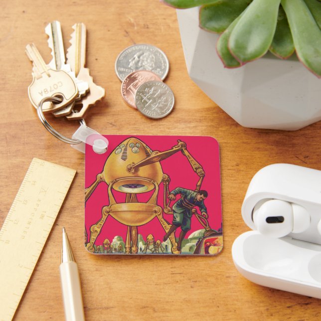 Vintage Science Fiction Alien Robot Captures Man Keychain (Desk)