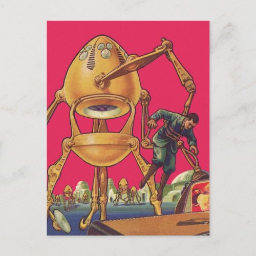 Vintage Science Fiction Alien Robot Captures Man Postcard