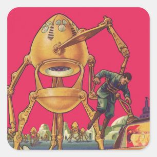 Vintage Science Fiction Alien Robot Captures Man Square Sticker