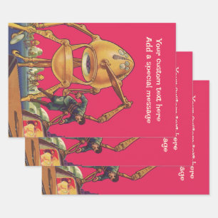 Vintage Science Fiction Alien Robot Captures Man Wrapping Paper Sheets