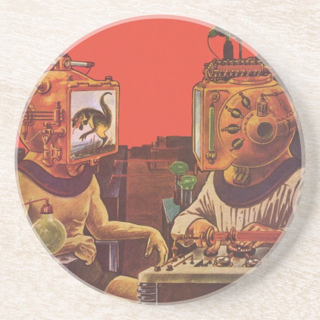 Vintage Science Fiction, Alien Steam Punk Helmets Drink Coaster (Front)
