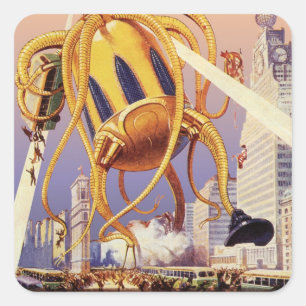Vintage Science Fiction Alien War Invasion Octopus Square Sticker