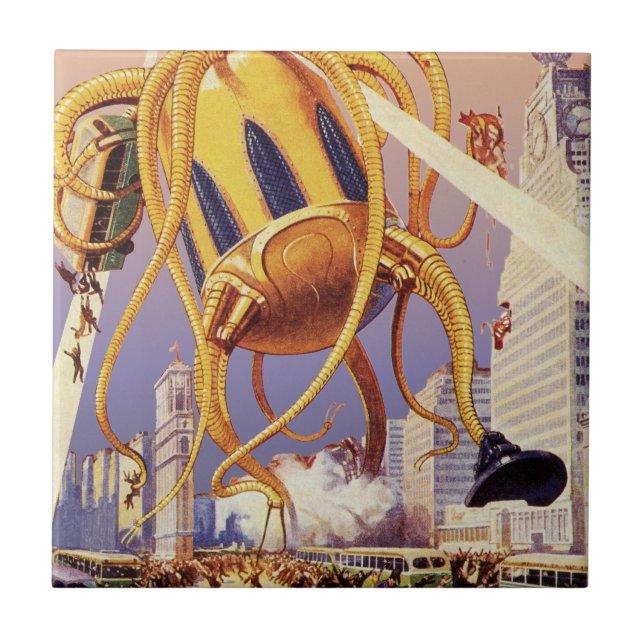 Vintage Science Fiction Alien War Invasion Octopus Tile (Front)