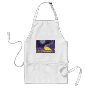 Vintage Science Fiction Aliens on Blue Planet Moon Adult Apron