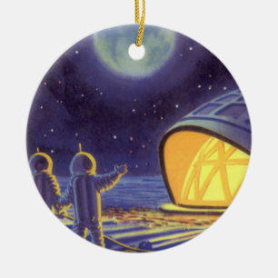 Vintage Science Fiction Aliens on Blue Planet Moon Ceramic Ornament