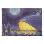 Vintage Science Fiction Aliens on Blue Planet Moon Cloth Placemat