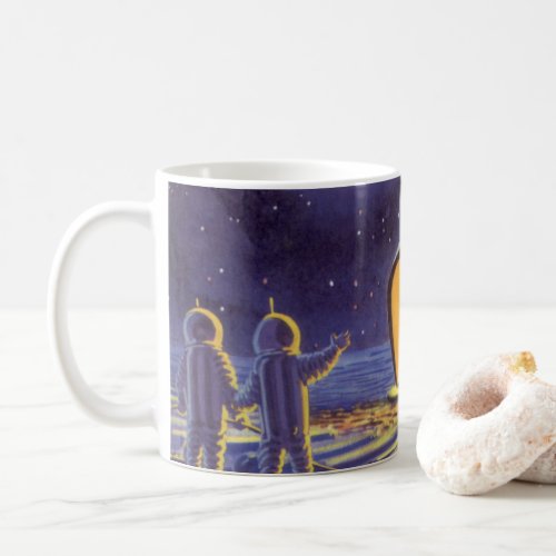 Vintage Science Fiction Aliens on Blue Planet Moon Coffee Mug