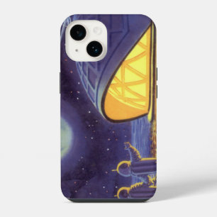 Vintage Science Fiction Aliens on Blue Planet Moon iPhone 14 Case