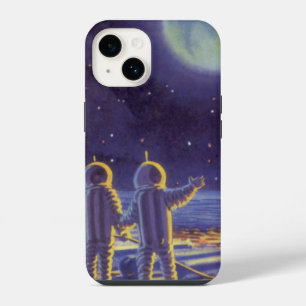 Vintage Science Fiction Aliens on Blue Planet Moon iPhone 14 Case