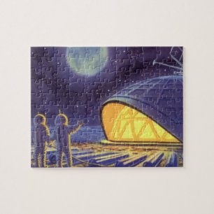 Vintage Science Fiction Aliens on Blue Planet Moon Jigsaw Puzzle