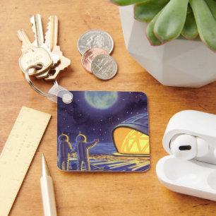 Vintage Science Fiction Aliens on Blue Planet Moon Keychain