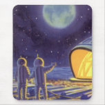 Vintage Science Fiction Aliens on Blue Planet Moon Mouse Pad