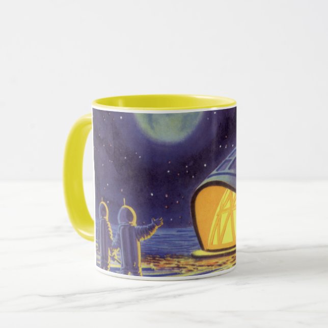 Vintage Science Fiction Aliens on Blue Planet Moon Mug (Front Left)