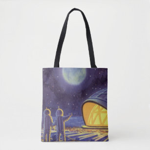 Vintage Science Fiction Aliens on Blue Planet Moon Tote Bag