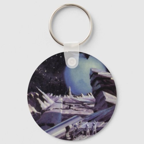 Vintage Science Fiction Aliens on Moon in Space Keychain