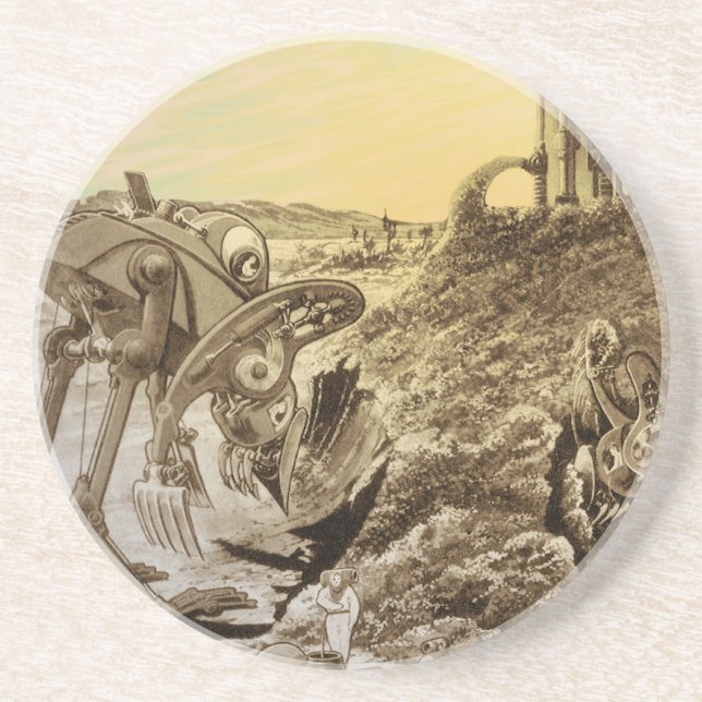 Vintage Science Fiction Aliens Planet Construction Sandstone Coaster (Front)