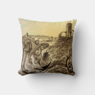Vintage Science Fiction Aliens Planet Construction Throw Pillow
