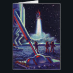 Vintage Science Fiction Aliens Wave to Rocket<br><div class="desc">Vintage illustration futuristic Science Fiction aliens and robots image. Travel and transportation retro sci fi design with friendly alien astronauts on a foreign planet waving goodbye to a rocket ship blasting off into outer space. Bright stars are in the night sky.</div>