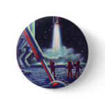 Vintage Science Fiction Aliens Wave to Rocket Button