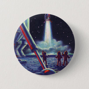 Vintage Science Fiction Aliens Wave to Rocket Button