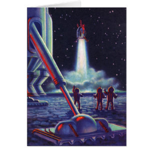 Vintage Science Fiction Aliens Wave to Rocket Cards