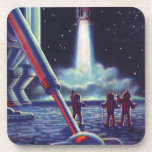 Vintage Science Fiction Aliens Wave to Rocket Drink Coaster