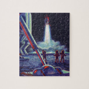 Vintage Science Fiction Aliens Wave to Rocket Jigsaw Puzzle