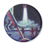 Vintage Science Fiction Aliens Wave to Rocket Magnet