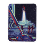 Vintage Science Fiction Aliens Wave to Rocket Magnet