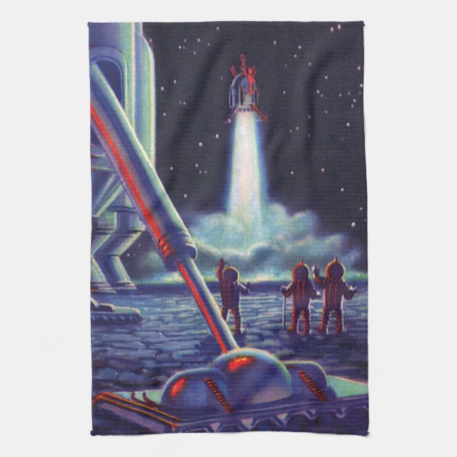 Vintage Science Fiction Aliens Wave to Rocket Towel (Vertical)