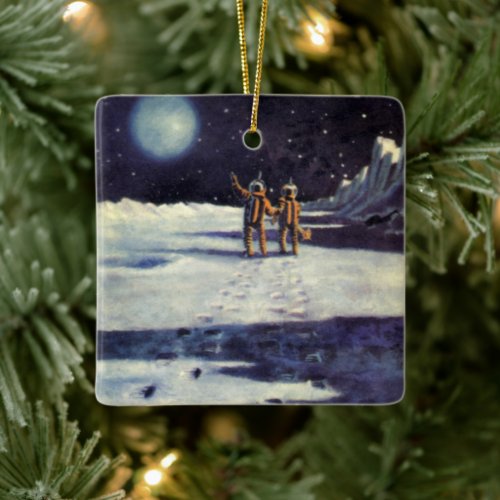 Vintage Science Fiction Astronaut Aliens on Moon Ceramic Ornament