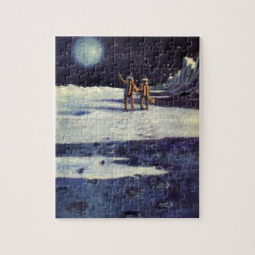 Vintage Science Fiction Astronaut Aliens on Moon Jigsaw Puzzle