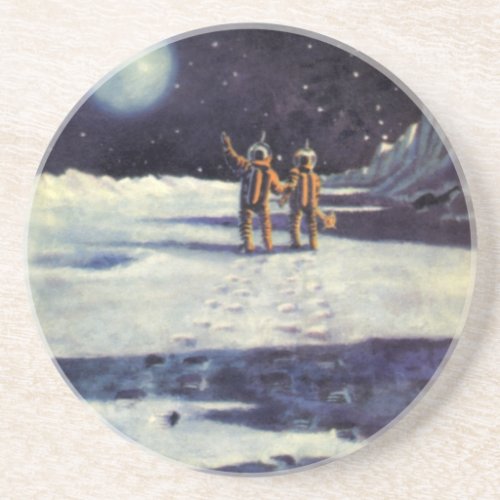 Vintage Science Fiction Astronaut Aliens on Moon Sandstone Coaster