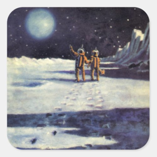 Vintage Science Fiction Astronaut Aliens on Moon Square Sticker