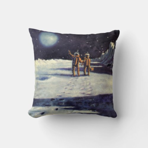 Vintage Science Fiction Astronaut Aliens on Moon Throw Pillow