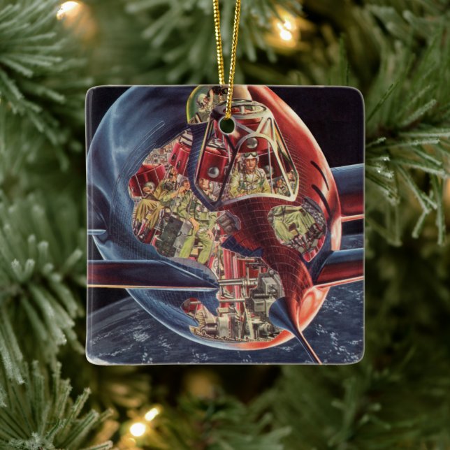 Vintage Science Fiction Astronaut Rocket Spaceship Ceramic Ornament (Tree)