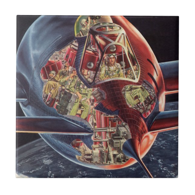 Vintage Science Fiction Astronaut Rocket Spaceship Ceramic Tile (Front)