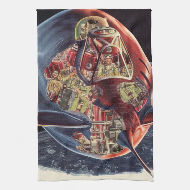 Vintage Science Fiction Astronaut Rocket Spaceship Kitchen Towel (Vertical)