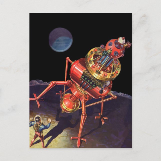 Vintage Science Fiction Astronaut with Alien Robot Postcard (Front)