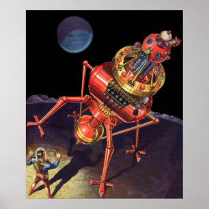 Vintage Science Fiction Astronaut with Alien Robot Poster