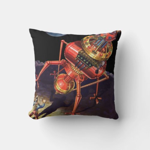 Vintage Science Fiction Astronaut with Alien Robot Throw Pillow